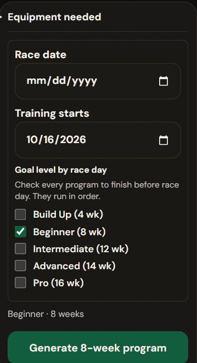 OPC Fit HYROX program builder with race date, goal levels, and generate button