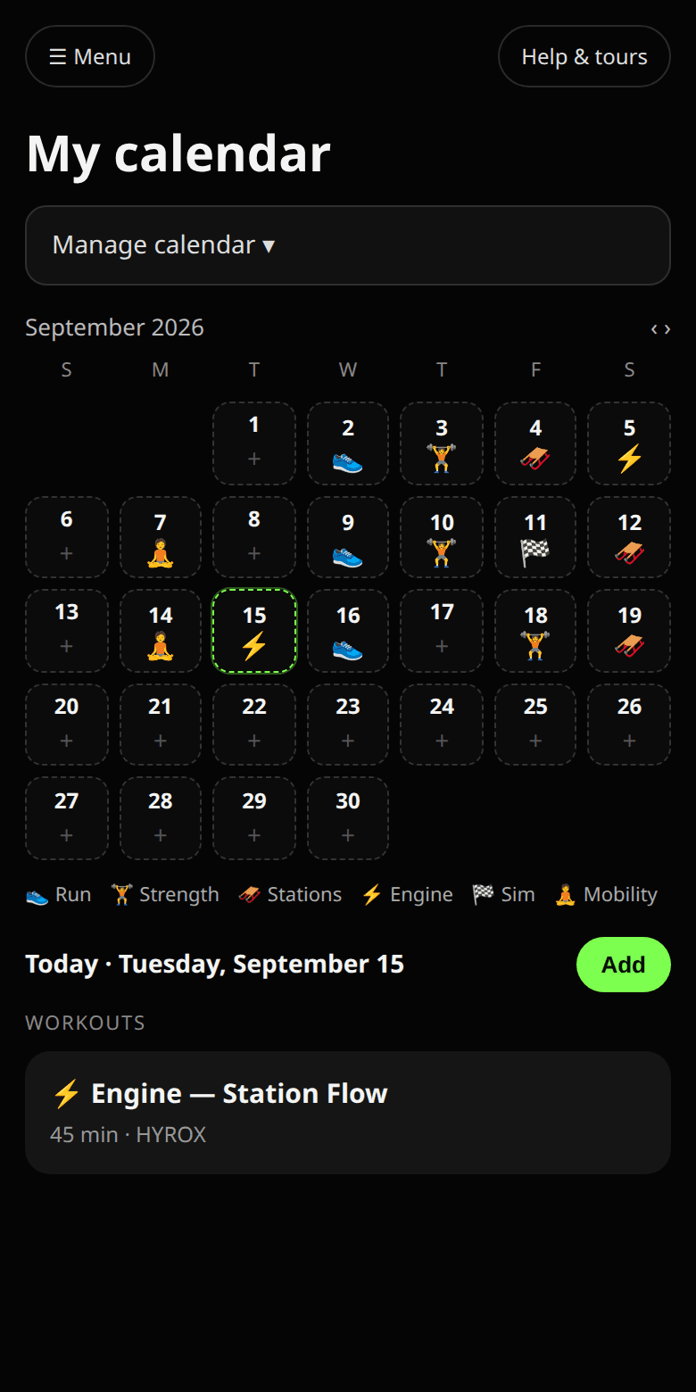 OPC Fit calendar with HYROX session emojis on training days