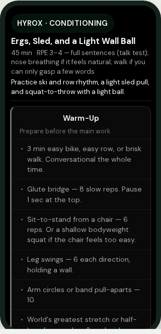 OPC Fit HYROX specialty session with badge, phases, and calendar cues