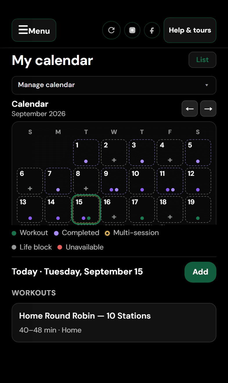 OPC Fit calendar with training sessions scheduled across the month