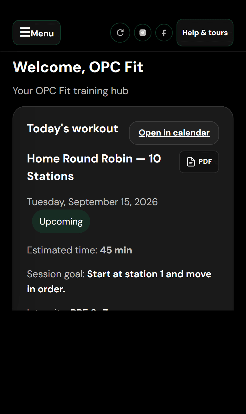OPC Fit dashboard with today’s workout